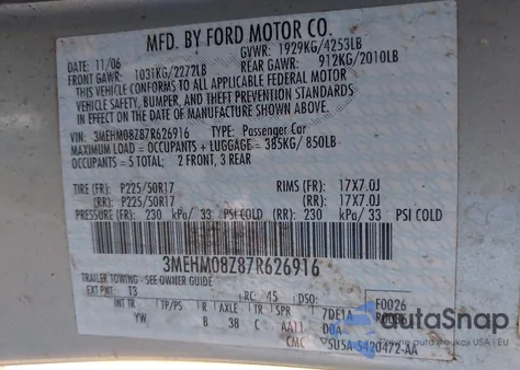 2007 Mercury Milan I4 Premier from USA, damaged, VIN 3MEHM08Z87R626916